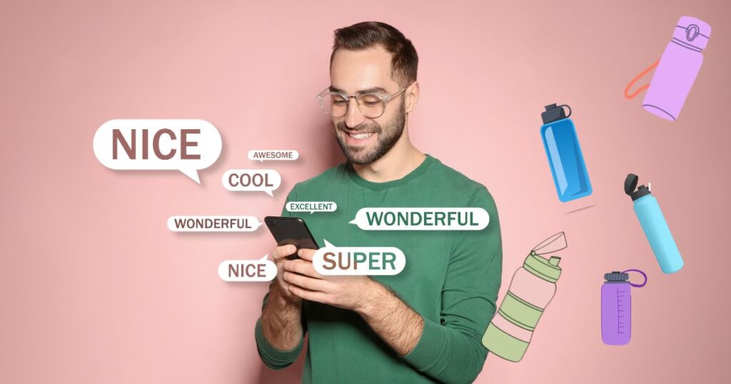 男性がスマホを見ている写真と水筒の絵