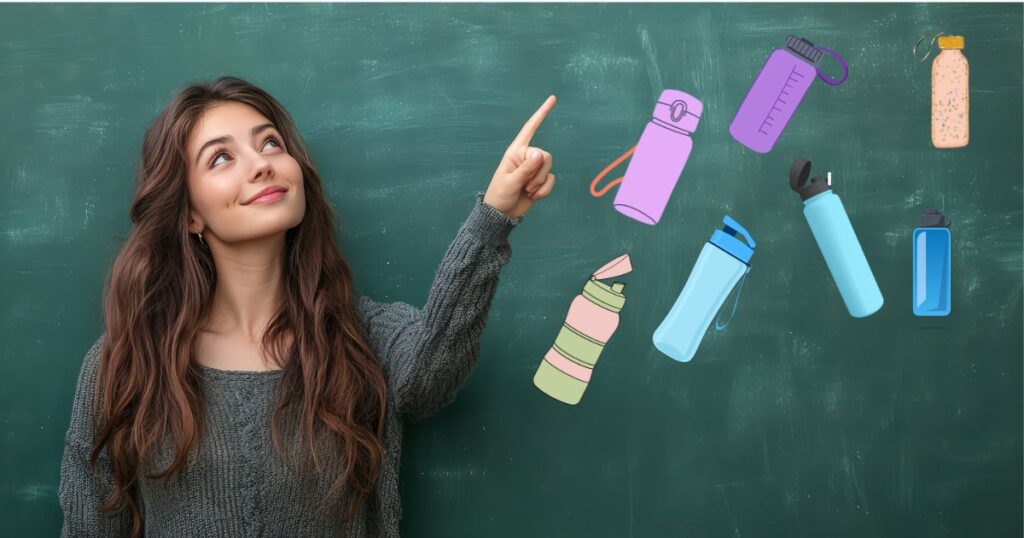 女性が指をさしている写真と水筒のイラスト