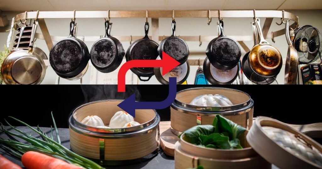 フライパンと蒸篭の写真