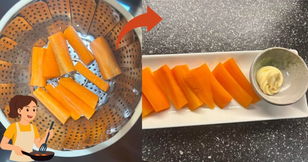 蒸している人参の写真と皿にのせた人参の写真