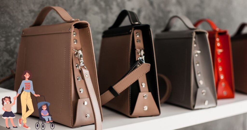 複数のバッグの写真と子供を連れたママのイラスト