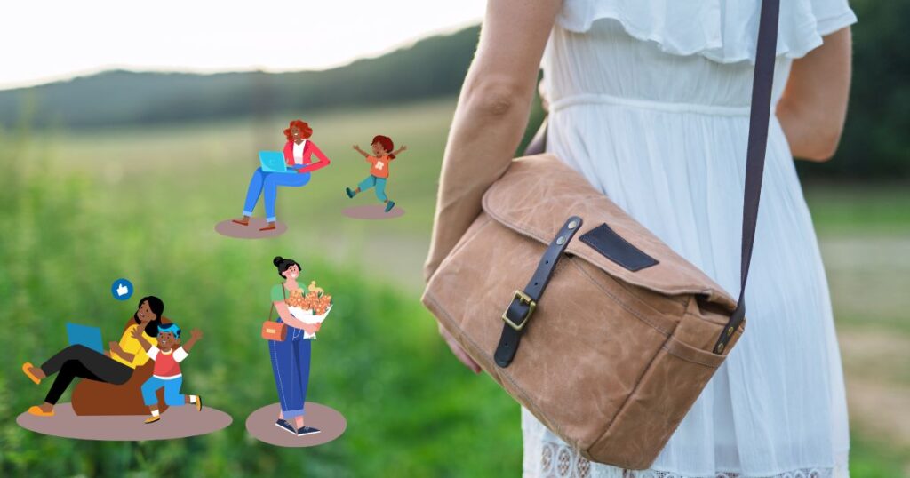 ショルダーバッグをかけている女性の後ろ姿の写真と家族のイラスト