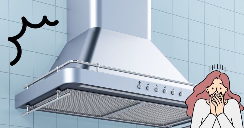 キッチン換気扇と口元を抑える女性のイラスト