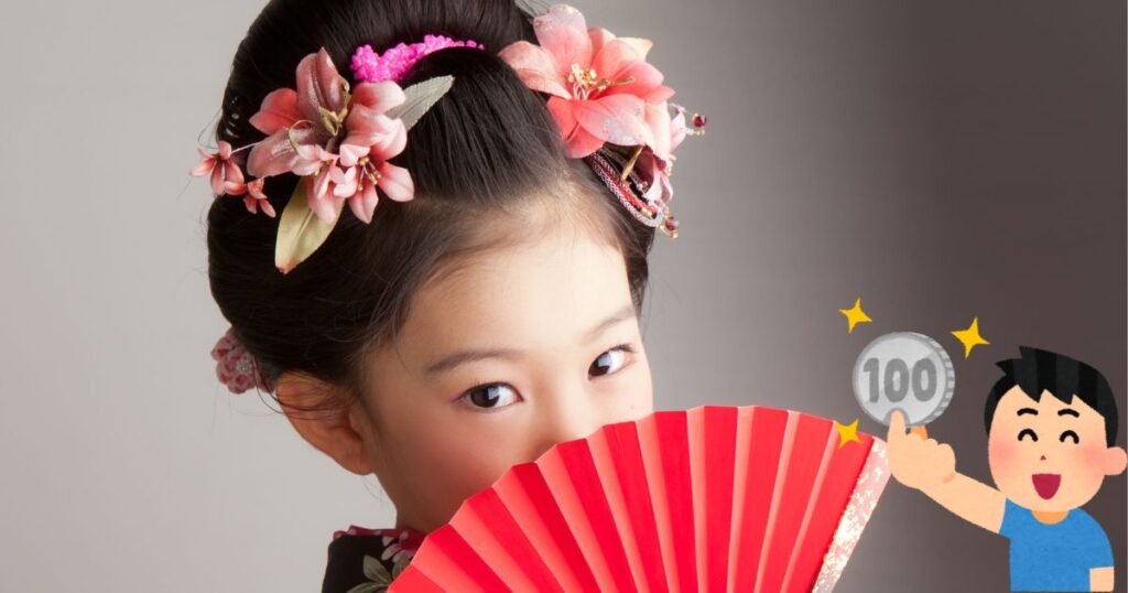 着物を着た女の子の写真と100円を持った人のイラスト