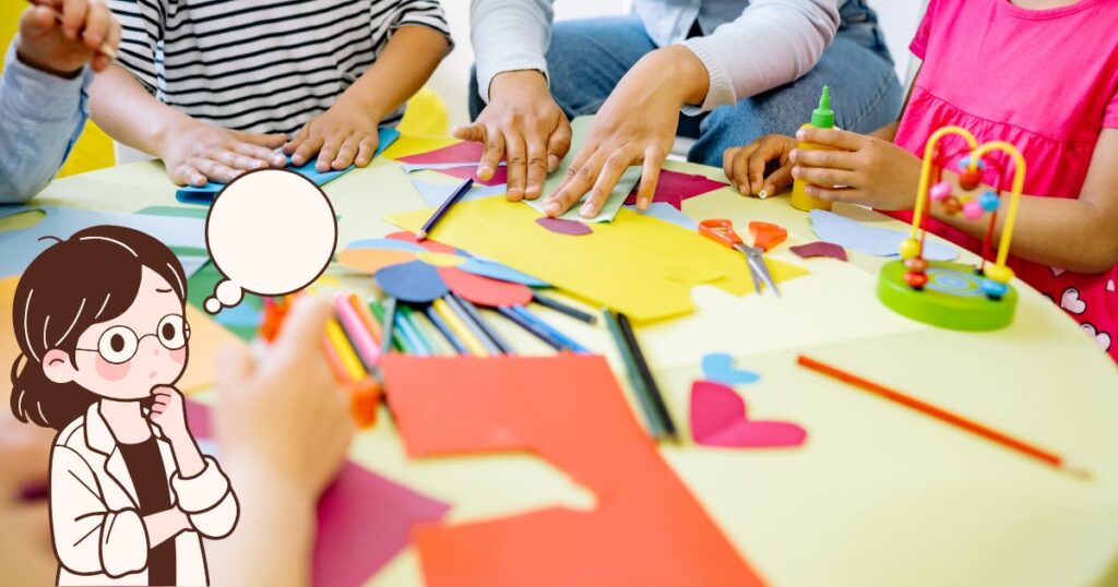 折り紙を折っている子供たちと考えこんでいる女性のイラスト