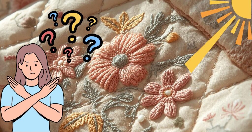 キルティングの布に手でバツを作っている女性のイラスト