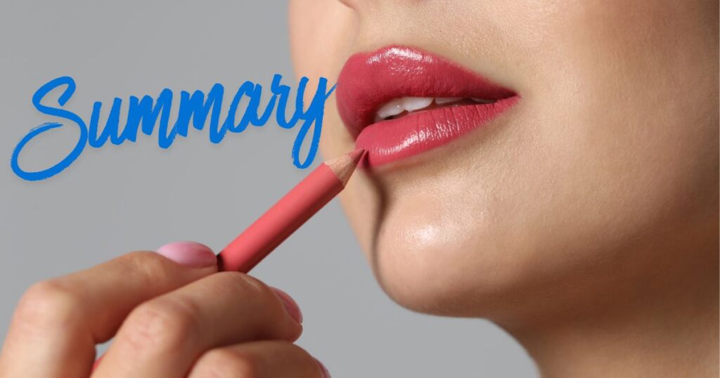 Summaryの文字とリップペンシルで唇を描く女性の写真