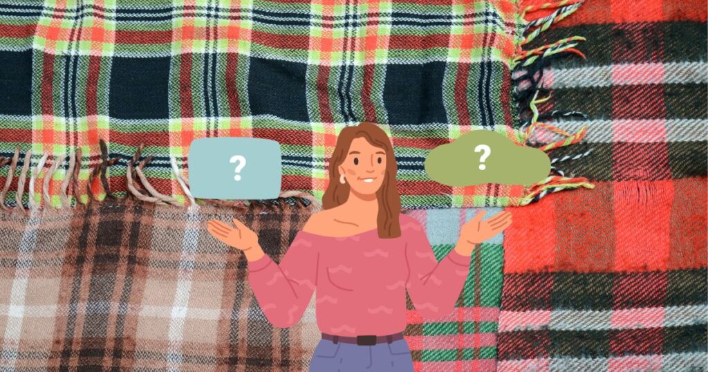 ?のイラストの女性とチェック柄